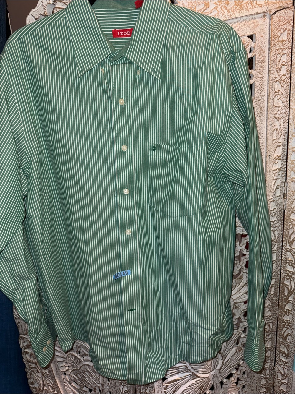 Izod Green and White Striped Dress Shirt